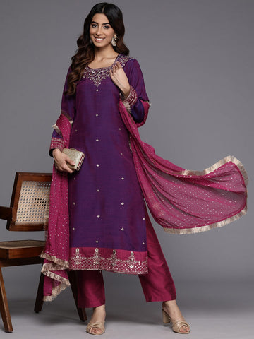 Varanga Women Purple Placement Design Embroidered Straight Kurta Paired With Contrast Bottom And Chiffon Dotted Dupatta With Four Side Fringes